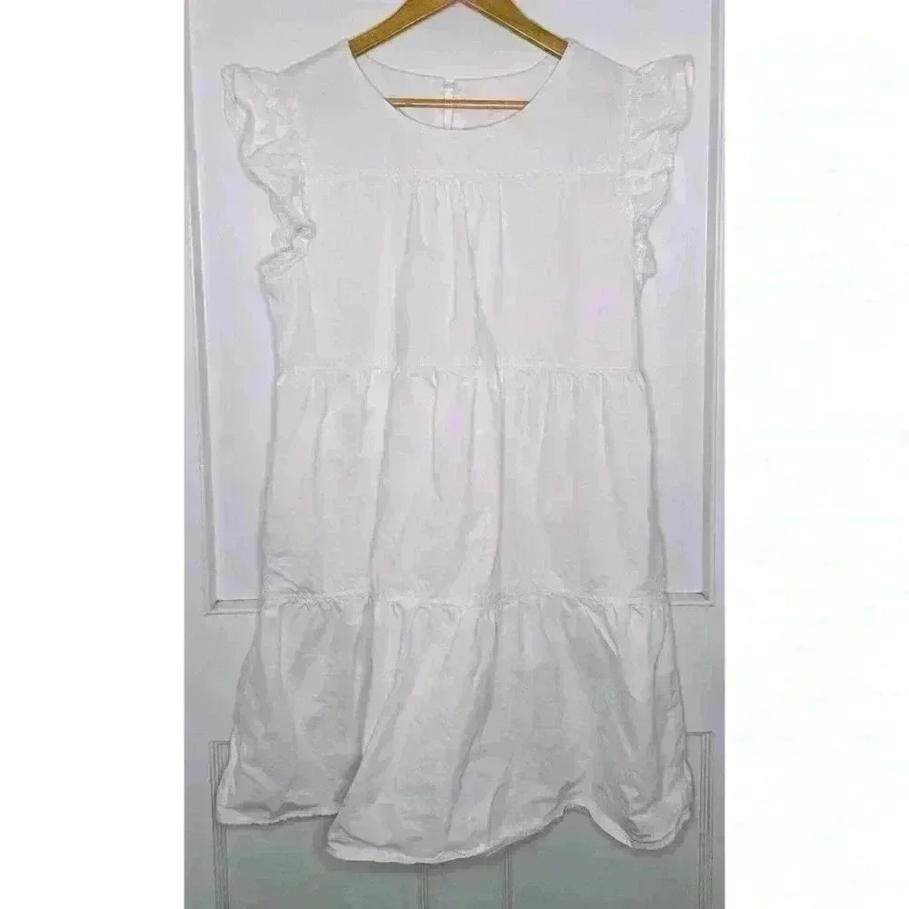White  Cotton Tiered Dress with Ruffled Arms